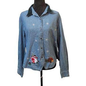 Vintage Bill Blass Jeans Christmas Denim Embroidered Button Up Shirt Large